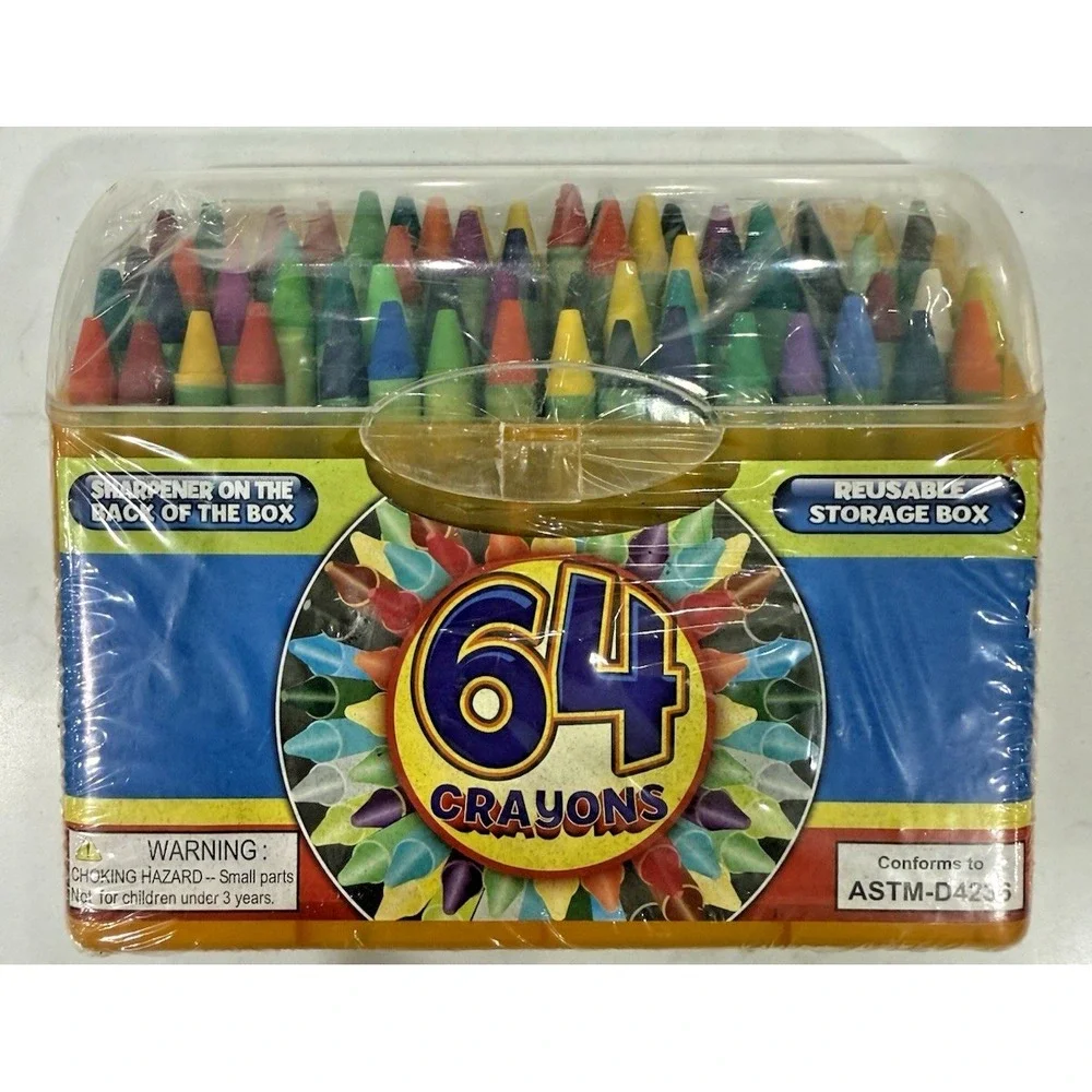 64 Crayons in Plastic Storage Box w/Hinged Lid and Sharpener New Sealed
